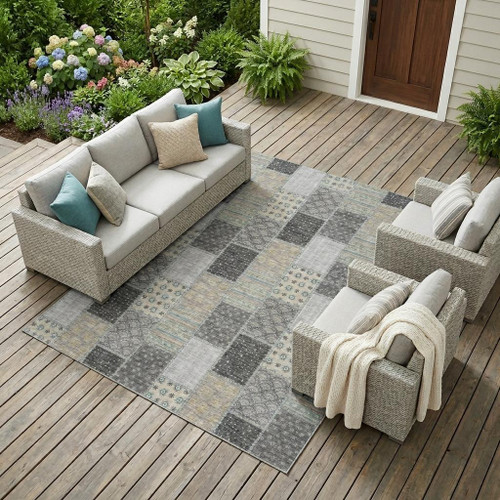 8' X 10' Gray And Silver Patchwork Washable Indoor Outdoor Area Rug