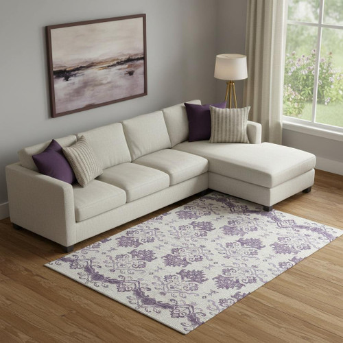 10' X 14' Purple And Ivory Medallion Washable Area Rug With UV Protection