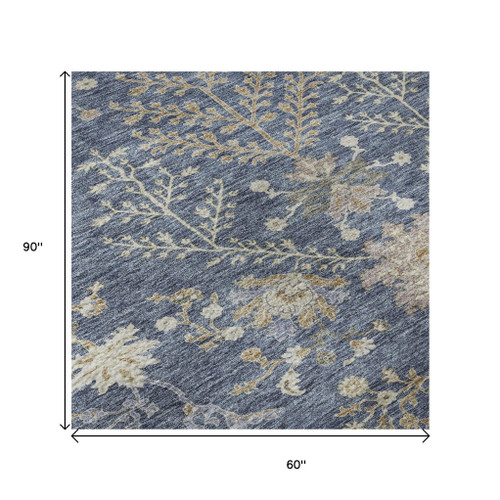 5' X 8' Blue Beige And Gray Floral Washable Area Rug With UV Protection