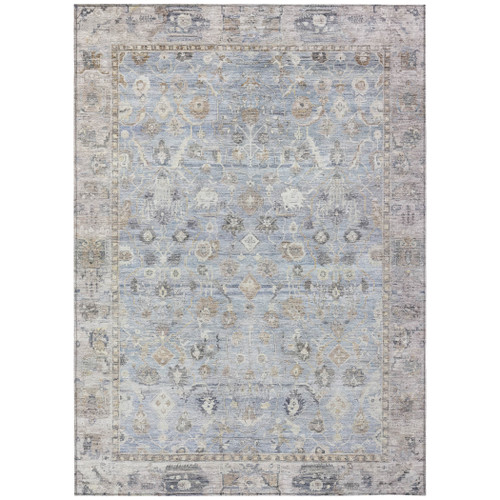8' X 10' Sky Blue Brown And Ivory Oriental Washable Indoor Outdoor Area Rug