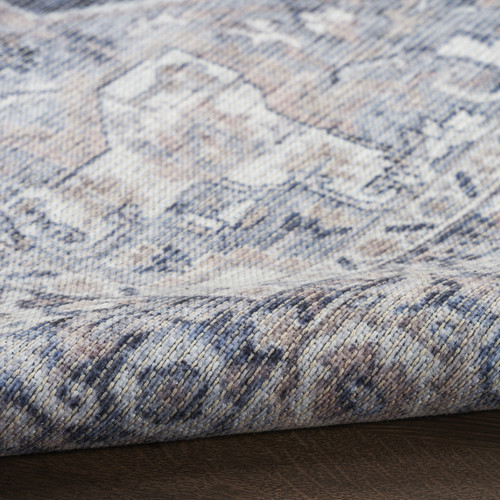 8' Blue Floral Power Loom Worn Faded Round Rug