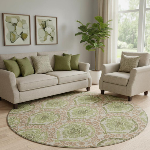 8' Olive Green And Copper Medallion Washable Round Rug With UV Protection