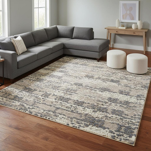 8' X 10' Ivory Gray And Charcoal Floral Distressed Non Skid Area Rug