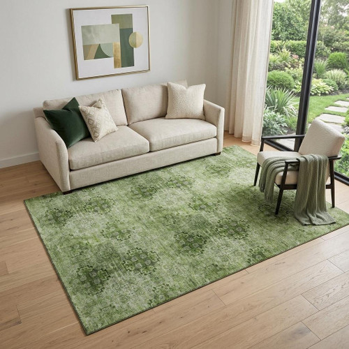 5' X 8' Olive Green And Ivory Floral Medallion Distressed Washable Area Rug With UV Protection
