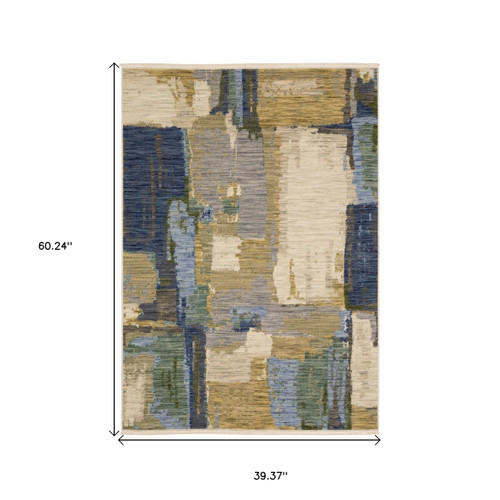 3' X 5' Blue Green And Beige Abstract Area Rug With Fringe