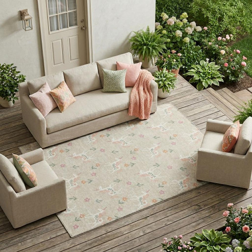 10' X 14' Beige And Gray Floral Washable Indoor Outdoor Area Rug