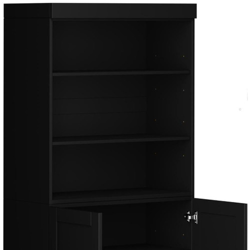 72" Black Solid Wood Adjustable Six Tier Library Bookcase with Two Doors
