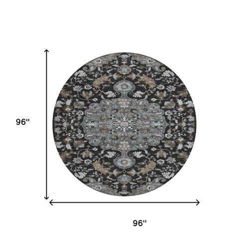 8' Black And Gray Round Floral Medallion Washable Indoor Outdoor Area Rug