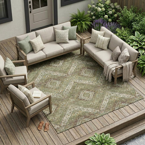 10' X 14' Olive Green And Blue Tribal Washable Indoor Outdoor Area Rug