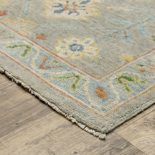 10' X 14' Gray Green And Yellow Wool Oriental Hand Knotted Area Rug With Fringe