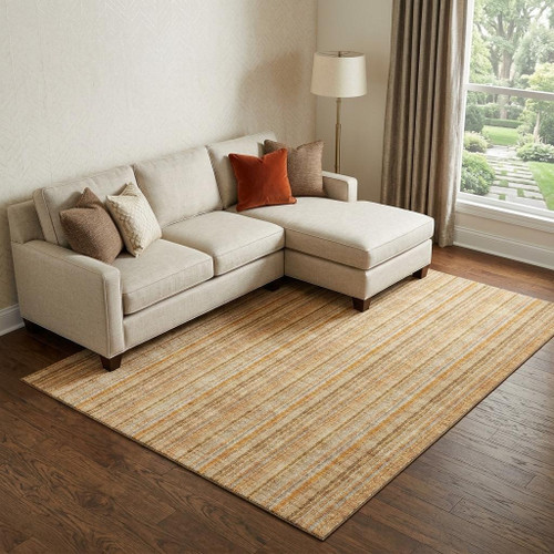 9' X 12' Peach Beige And Orange Striped Washable Area Rug With UV Protection