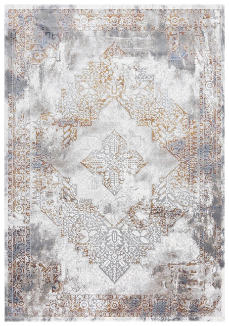5' X 8' Ivory Blue Orange Red And Gray Medallion Area Rug