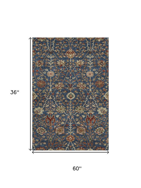 3' X 5' Navy Blue Red And Green Floral Washable Area Rug With UV Protection