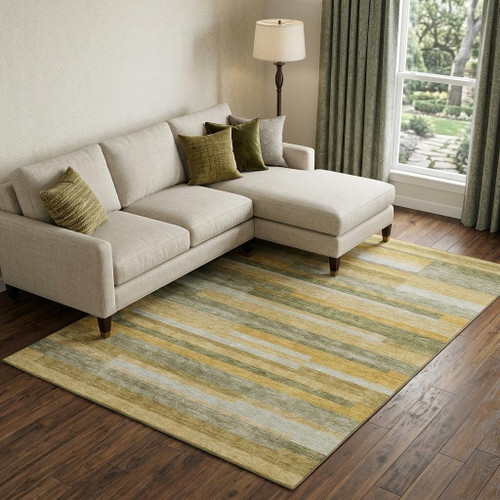 10' X 14' Amber Ivory And Gray Striped Washable Area Rug With UV Protection