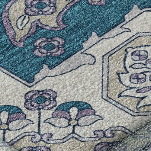 8' X 10' Teal And Ivory Floral Medallion Washable Area Rug With UV Protection