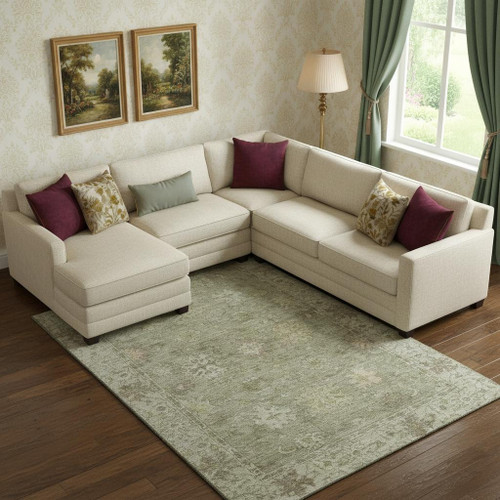 9' X 12' Sage And Beige Oriental Washable Area Rug With UV Protection