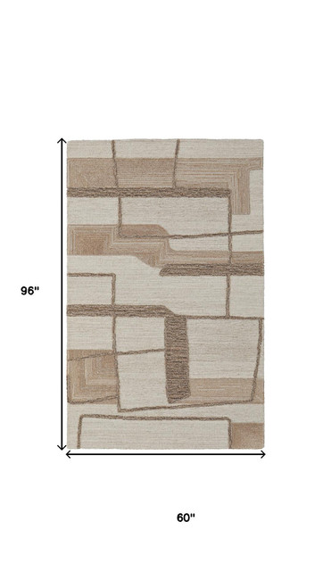 5' X 8' Brown Tan And Ivory Wool Geometric Hand Tufted Area Rug