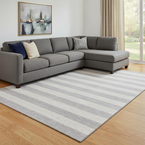 10' X 14' Pewter And Gray Striped Washable Area Rug With UV Protection