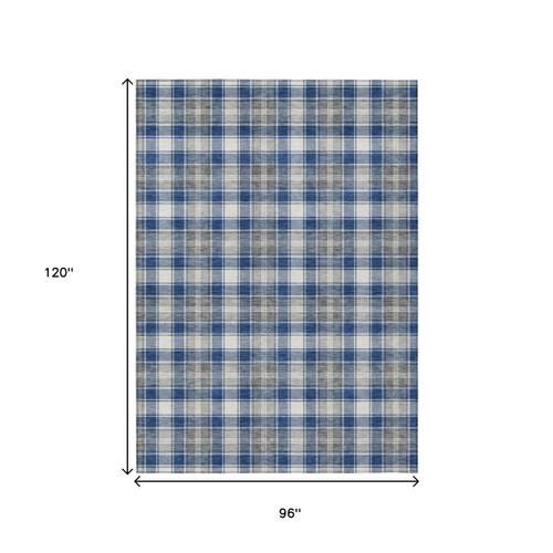 8' X 10' Navy Blue Ivory And Gray Plaid Washable Indoor Outdoor Area Rug