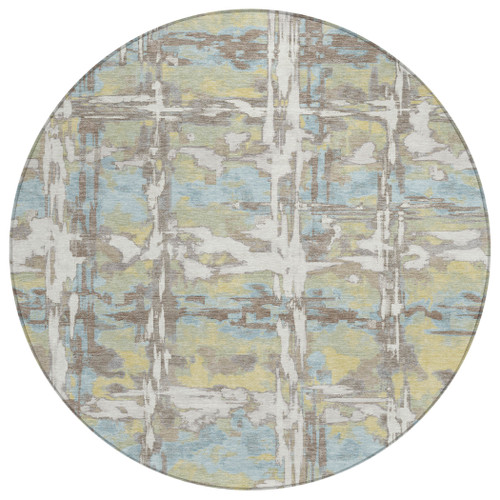 8' Ivory And Green Round Abstract Washable Indoor Outdoor Area Rug