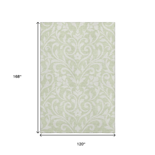 10' X 14' Artichoke Green And Ivory Floral Washable Area Rug With UV Protection