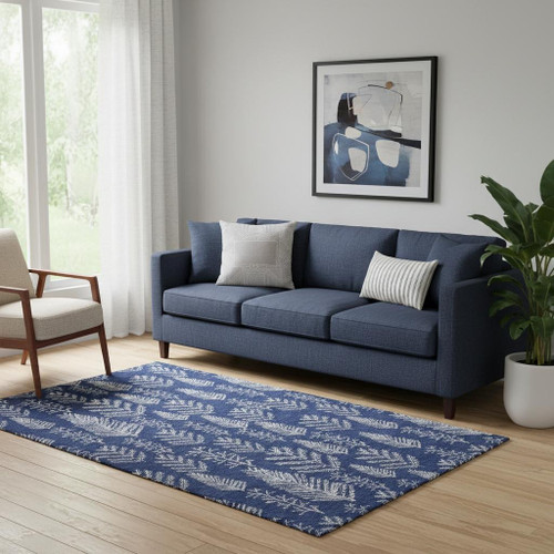 5' X 8' Navy Blue And Ivory Floral Washable Area Rug With UV Protection