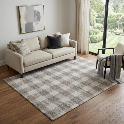 5' X 8' Taupe And Ivory Plaid Washable Area Rug With UV Protection