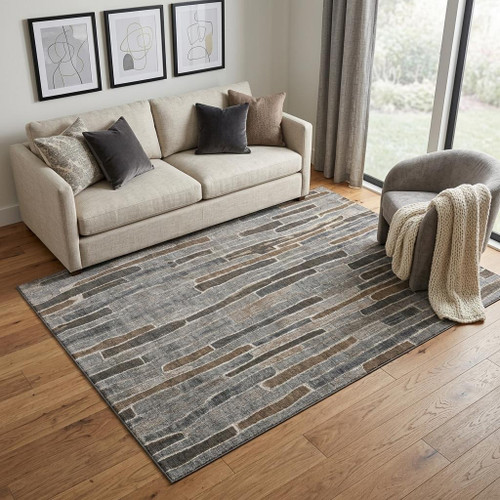 5' X 8' Pewter Gray And Silver Striped Washable Area Rug With UV Protection