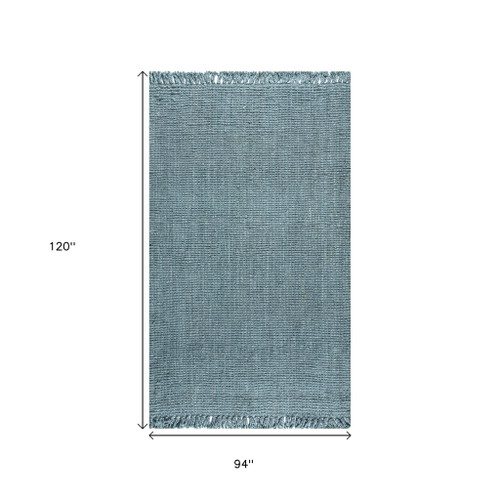 8' X 10' Light Blue Jute Handmade Area Rug With Fringe