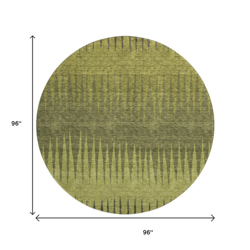 8' Olive Green Gray And Fern Green Striped Washable Round Rug With UV Protection