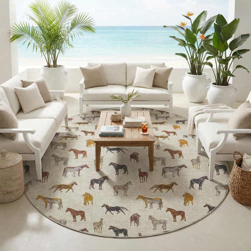 8' Beige And Brown Round Horse Washable Indoor Outdoor Area Rug