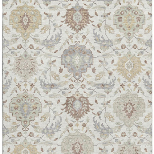 10' X 14' Ivory Beige And Gray Damask Washable Area Rug With UV Protection