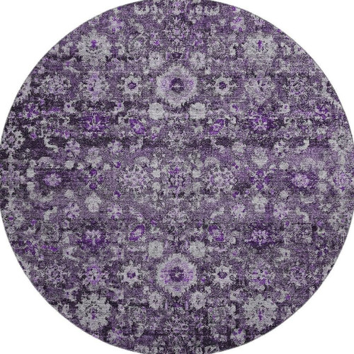 8' Purple And Ivory Oriental Washable Round Rug With UV Protection