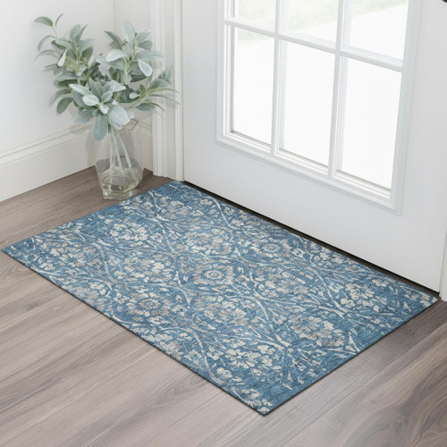 3' X 5' Blue And Gray Floral Washable Area Rug With UV Protection