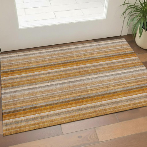 3' X 5' Rust And Gray Striped Washable Area Rug With UV Protection