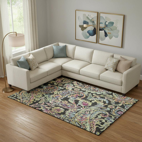 10' X 14' Black Blue And Pink Paisley Washable Area Rug With UV Protection