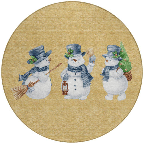 8' Gold Denim Blue And Ivory Round Snowmen Washable Indoor Outdoor Area Rug
