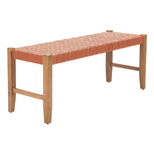 48" Tan and Brown Faux Leather and Solid Wood Upholstered Bench