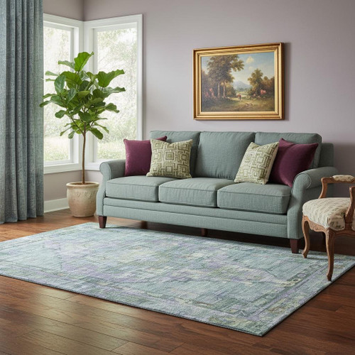 5' X 8' Teal Lavender And Green Oriental Washable Area Rug With UV Protection