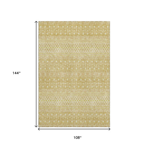 9' X 12' Gold And Ivory Tribal Washable Area Rug With UV Protection