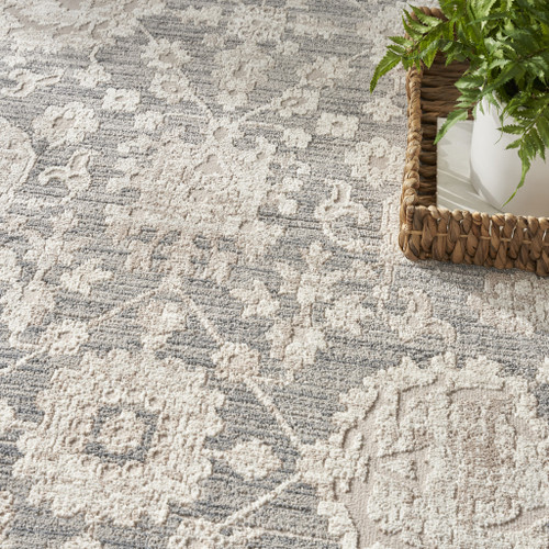 6' X 9' Ivory Gray And Charcoal Floral Distressed Non Skid Area Rug