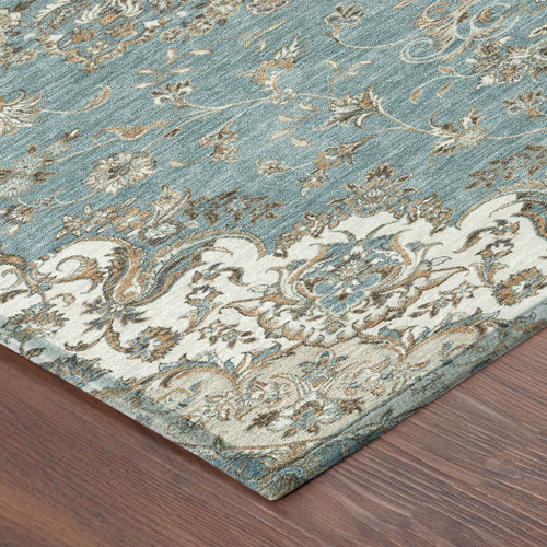 8' Teal Blue And Sage Round Floral Medallion Washable Indoor Outdoor Area Rug