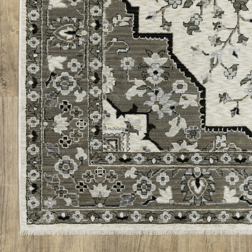 8' Ivory And Gray Medallion Runner Rug With Fringe