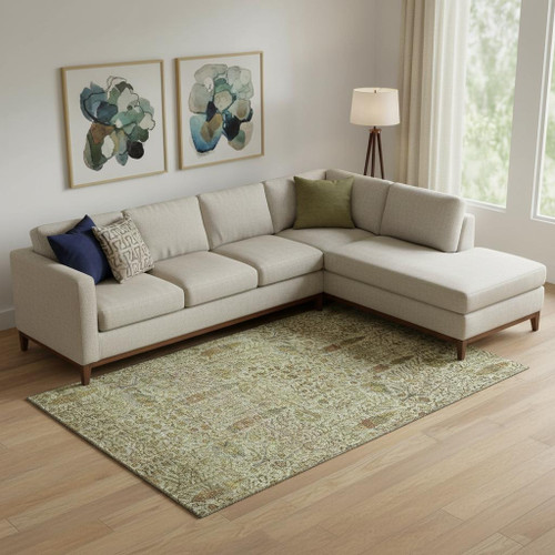 10' X 14' Wheat And Gold Floral Vines Washable Area Rug With UV Protection