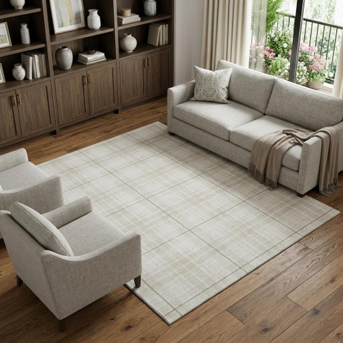10' X 14' Ivory Brown And Beige Plaid Washable Area Rug With UV Protection