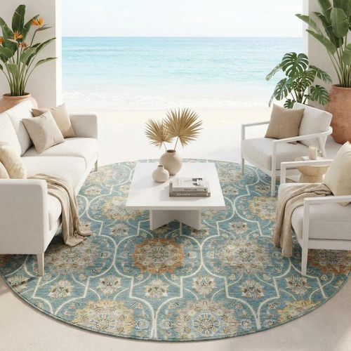 8' Teal Blue And Beige Round Floral Medallion Washable Indoor Outdoor Area Rug
