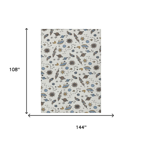 9' X 12' Ivory And Gold Animal Print Washable Indoor Outdoor Area Rug