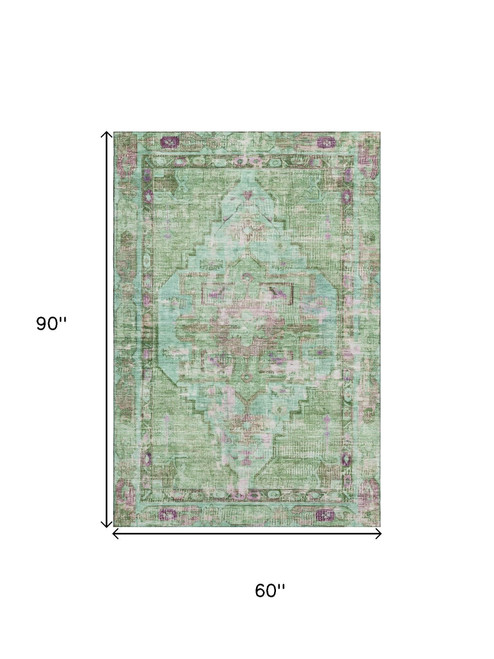 5' X 8' Artichoke Green Lavender And Teal Oriental Washable Area Rug With UV Protection