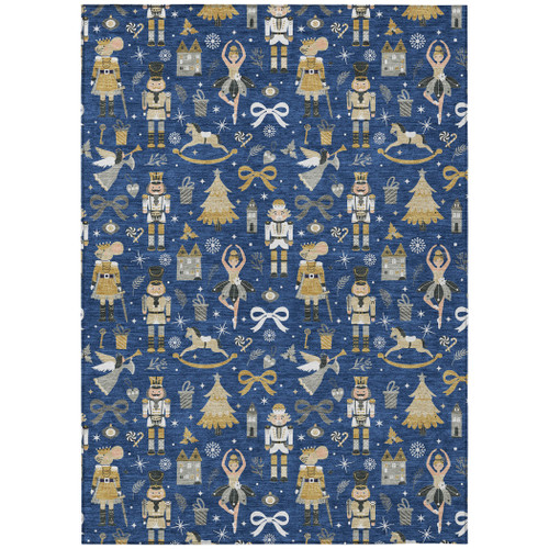 10' X 14' Navy Blue Gold Black And Gray Nutcracker Washable Indoor Outdoor Area Rug
