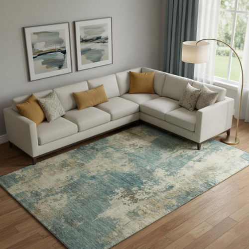 10' X 14' Teal And Beige Abstract Washable Area Rug With UV Protection
